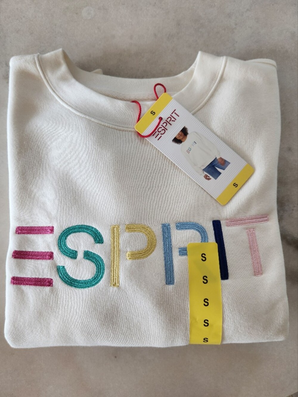 Esprit White Cream Sweatshirt Embroidered Logo Multicolor Rainbow 80's NWT Viral - Picture 6 of 8